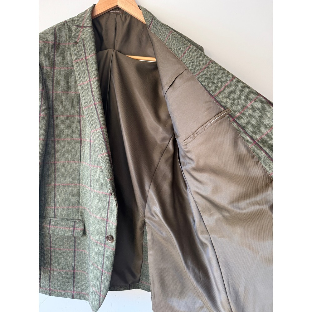Samuel Windsor Mens 48R Green Herringbone Wool Windowpane Blazer Jacket J9W11B - Picture 4 of 16